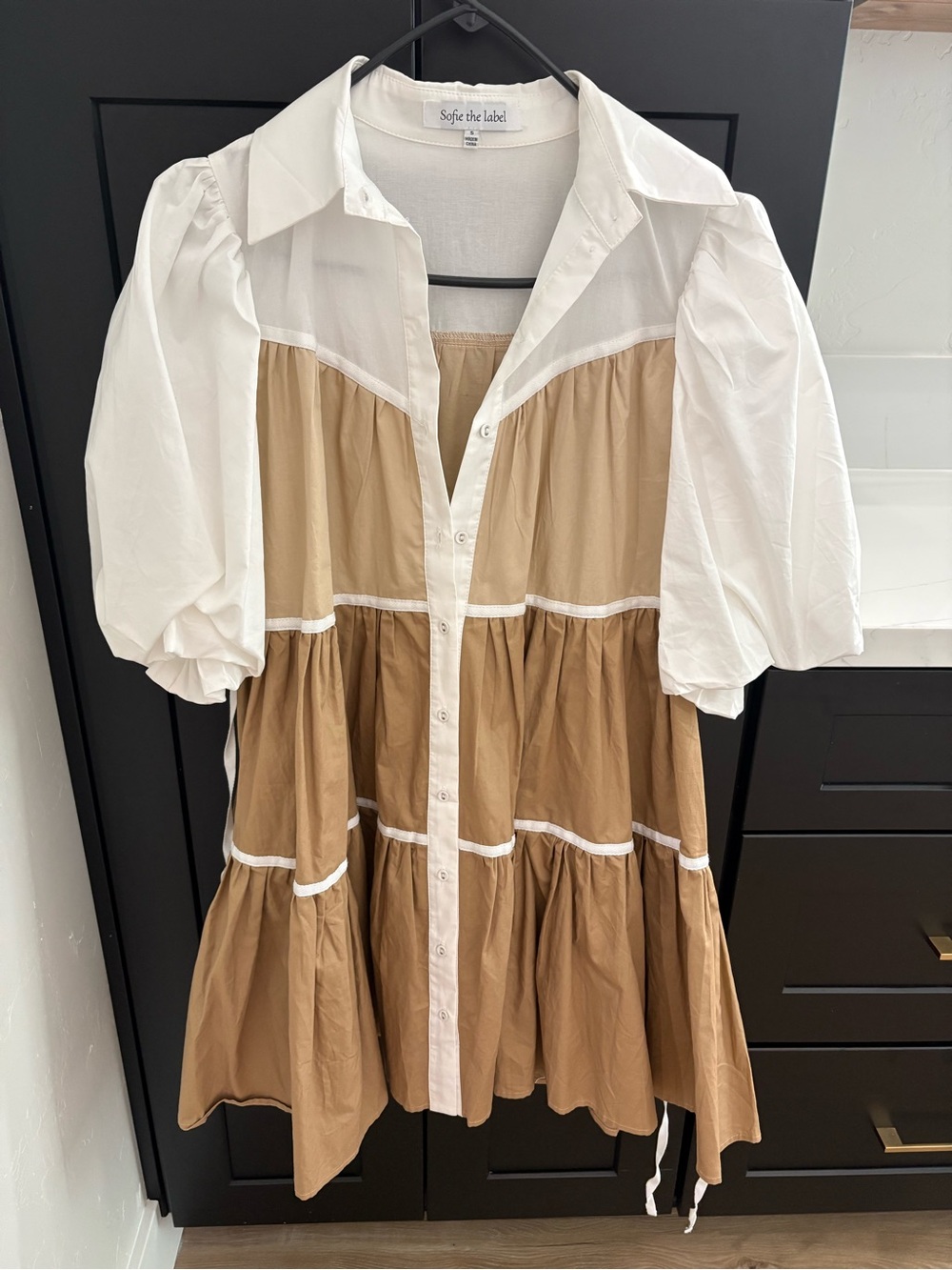White & Tan Tiered Poplin Shirt Dress